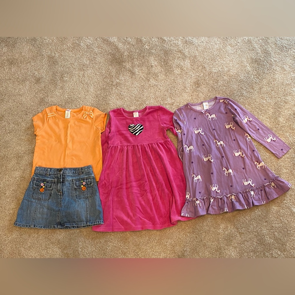 Gymboree bundle lot deal! Pink velour Dress, Orange Top, Denim Skort & nightgown